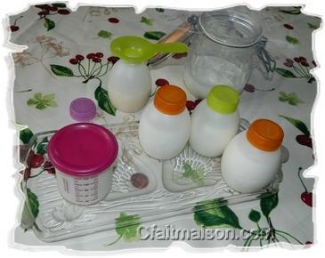 Kéfir de lait filtré et mis en petites bouteilles ou petit pot individuels.