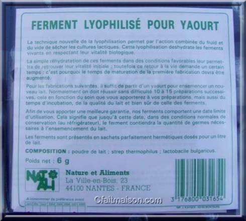 Verso du sachet de ferments pour yaourts Nature et Aliments